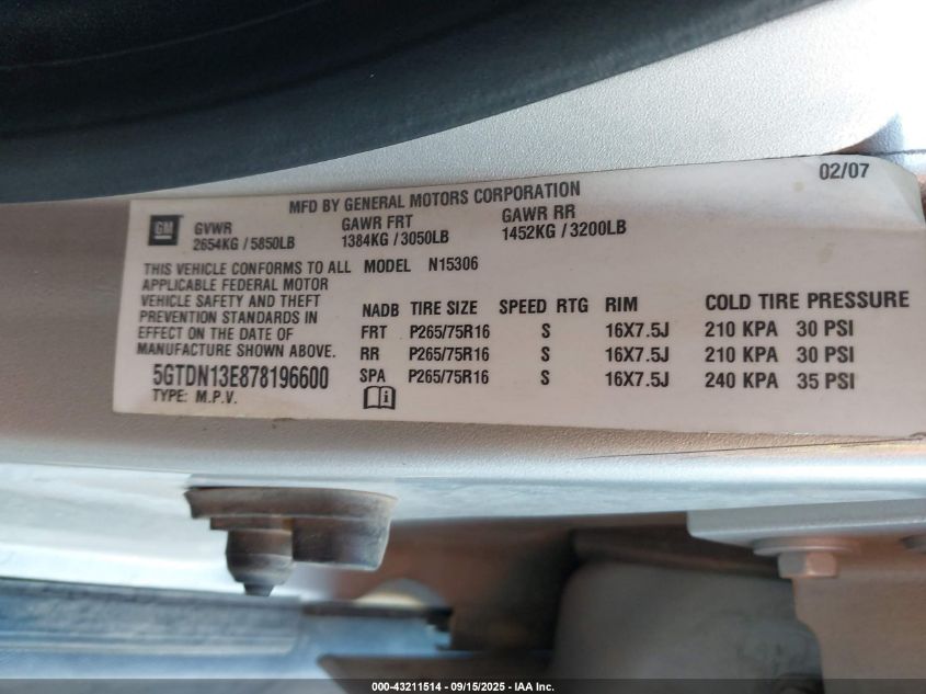 2007 Hummer H3 Suv VIN: 5GTDN13E878196600 Lot: 43211514