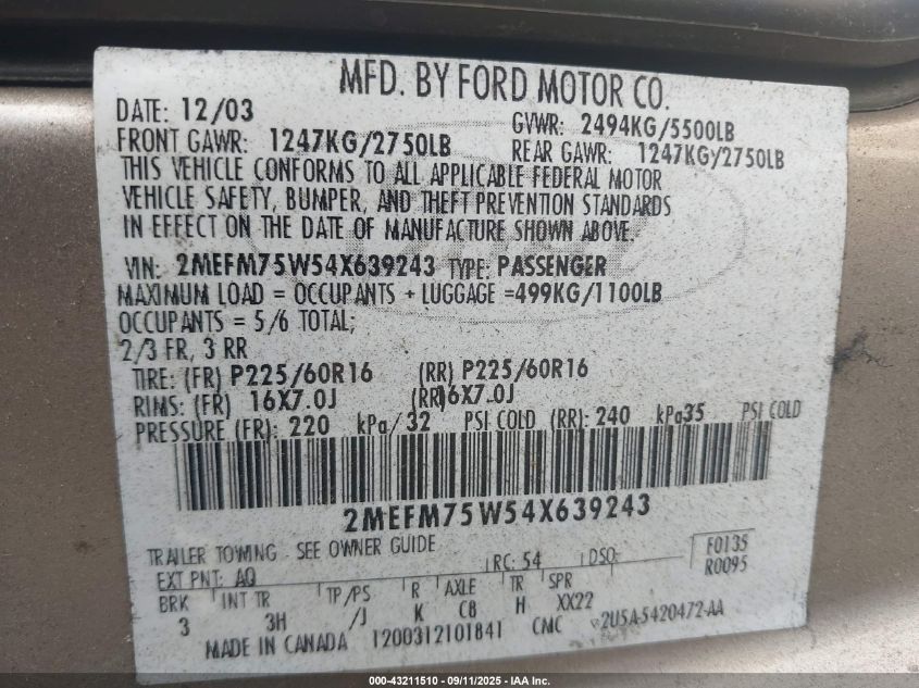 2004 Mercury Grand Marquis Ls VIN: 2MEFM75W54X639243 Lot: 43211510