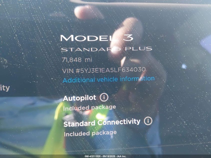 2020 Tesla Model 3 Standard Range Plus Rear-Wheel Drive/Standard Range Rear-Wheel Drive VIN: 5YJ3E1EA5LF634030 Lot: 43211520