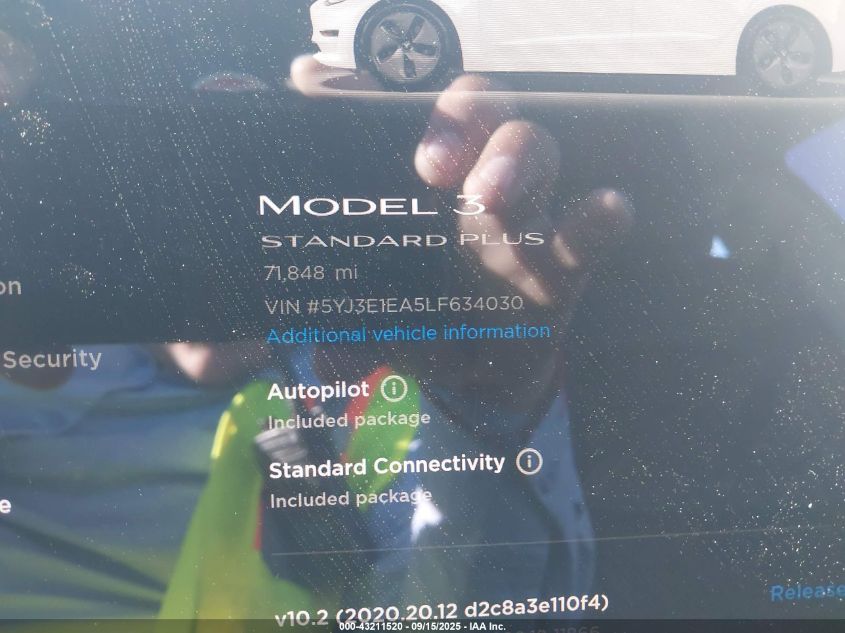 2020 Tesla Model 3 Standard Range Plus Rear-Wheel Drive/Standard Range Rear-Wheel Drive VIN: 5YJ3E1EA5LF634030 Lot: 43211520