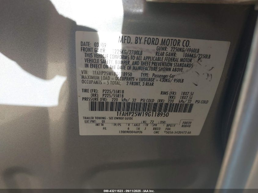 2009 Ford Taurus Limited VIN: 1FAHP25W19G118950 Lot: 43211523