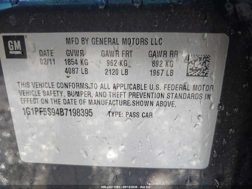 2011 Chevrolet Cruze 1Lt VIN: 1G1PF5S94B7198395 Lot: 43211531