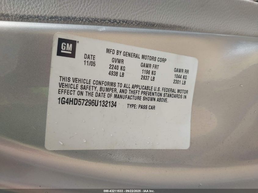 2006 Buick Lucerne Cxl VIN: 1G4HD57296U132134 Lot: 43211533