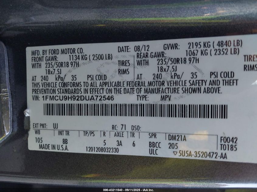 2013 Ford Escape Sel VIN: 1FMCU9H92DUA72546 Lot: 43211540