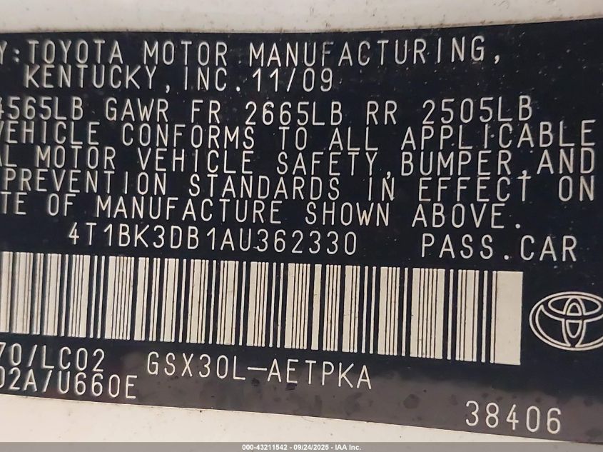 2010 Toyota Avalon Limited VIN: 4T1BK3DB1AU362330 Lot: 43211542