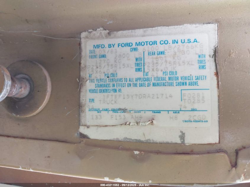 1983 Ford F150 VIN: 1FTEF15Y7DRA21714 Lot: 43211552