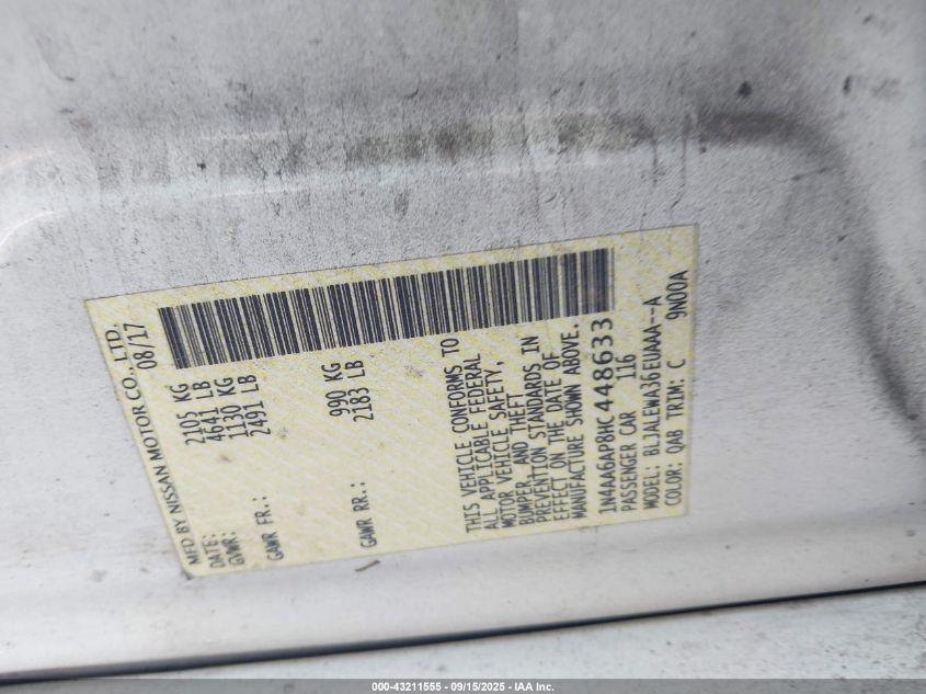 2017 Nissan Maxima 3.5 Sl VIN: 1N4AA6AP8HC448633 Lot: 43211555