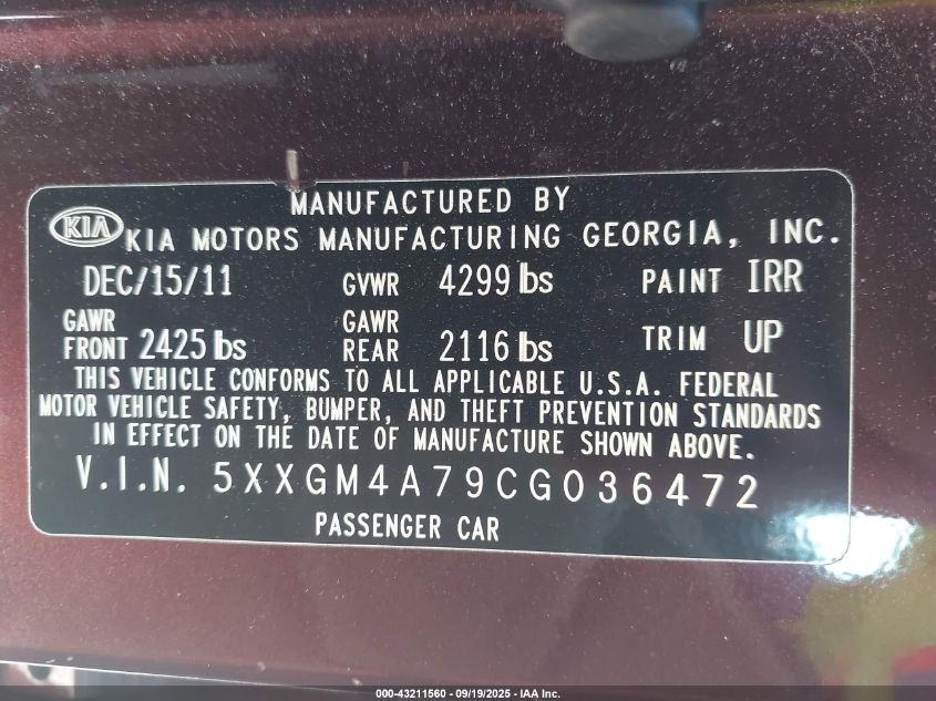 2012 Kia Optima Lx VIN: 5XXGM4A79CG036472 Lot: 43211560