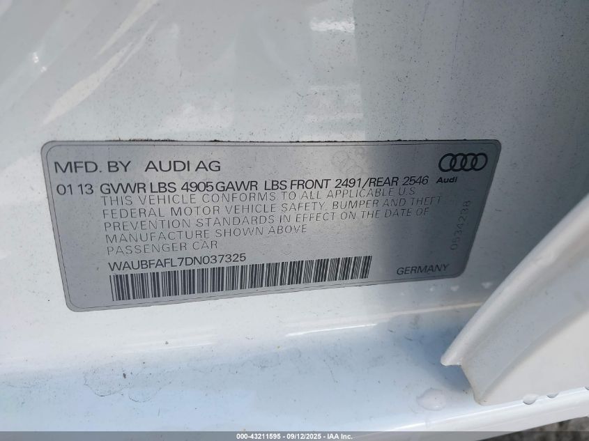 2013 Audi A4 2.0T Premium VIN: WAUBFAFL7DN037325 Lot: 43211595