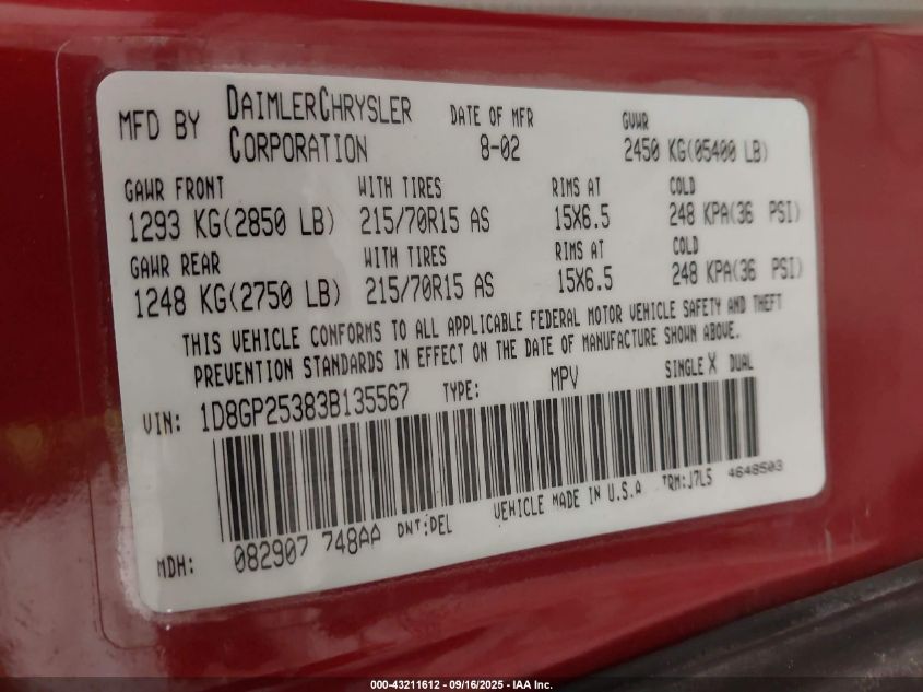 2003 Dodge Caravan Se VIN: 1D8GP25383B135567 Lot: 43211612