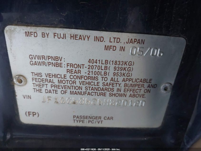 2006 Subaru Impreza Outback Sport VIN: JF1GG68626H820120 Lot: 43211626