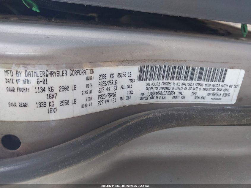 2001 Jeep Grand Cherokee Laredo VIN: 1J4GX48S01C735854 Lot: 43211634