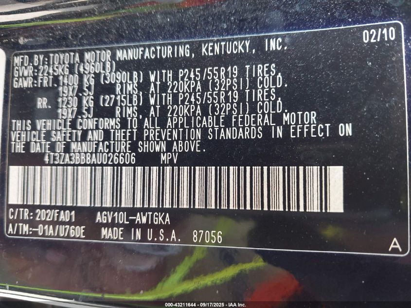 2010 Toyota Venza VIN: 4T3ZA3BB8AU026606 Lot: 43211644