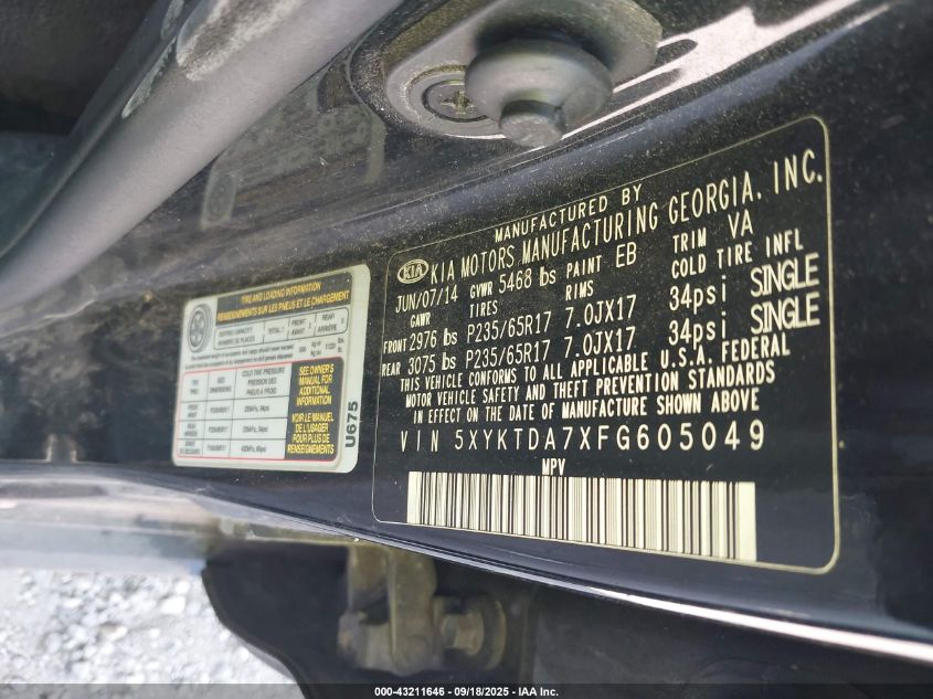 2015 Kia Sorento Lx V6 VIN: 5XYKTDA7XFG605049 Lot: 43211646