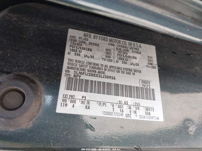 2003 Lincoln Navigator VIN: 5LMFU28RX3LJ30926 Lot: 43211659