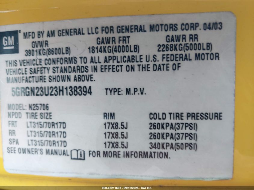 2003 Hummer H2 VIN: 5GRGN23U23H138394 Lot: 43211663