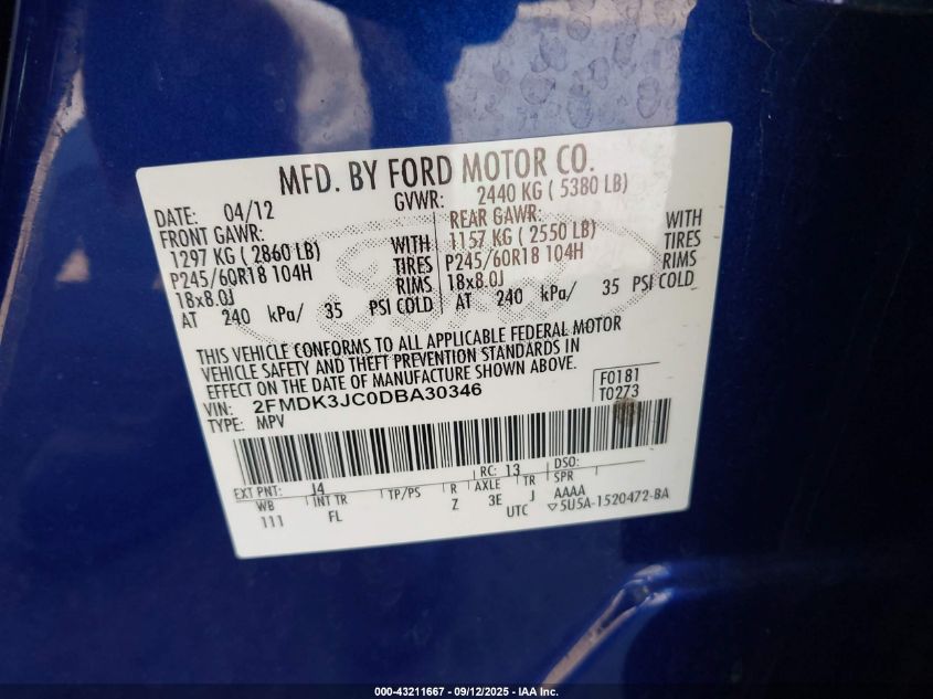 2013 Ford Edge Sel VIN: 2FMDK3JC0DBA30346 Lot: 43211667