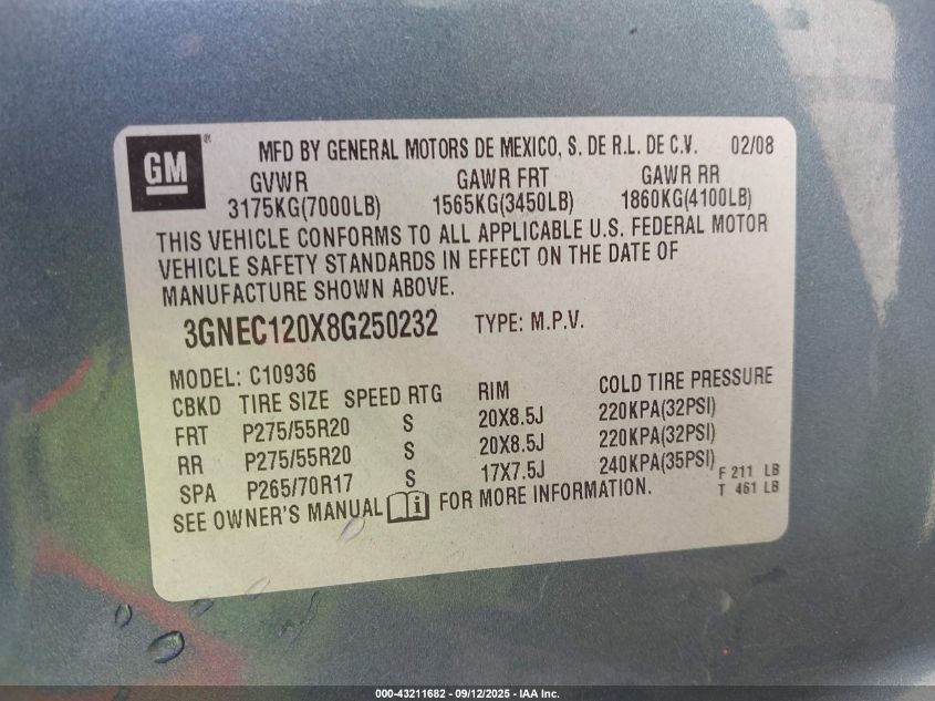 2008 Chevrolet Avalanche 1500 Lt VIN: 3GNEC120X8G250232 Lot: 43211682