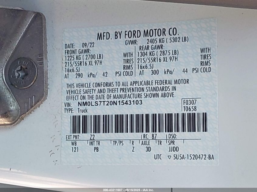 2022 Ford Transit Connect Xlt VIN: NM0LS7T20N1543103 Lot: 43211687