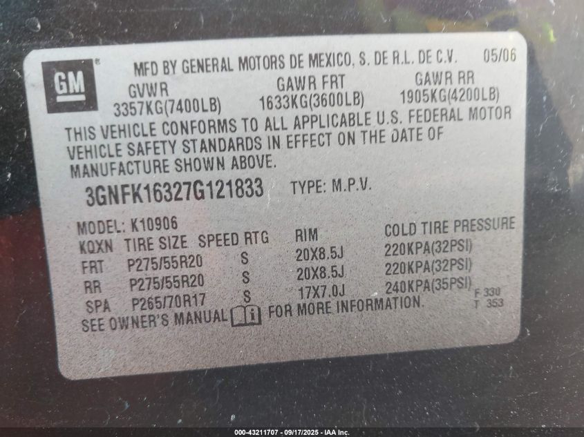 2007 Chevrolet Suburban 1500 Ltz VIN: 3GNFK16327G121833 Lot: 43211707