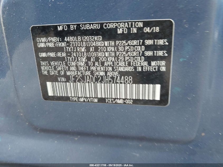 2018 Subaru Forester 2.5I Premium VIN: JF2SJADC2JH574488 Lot: 43211708