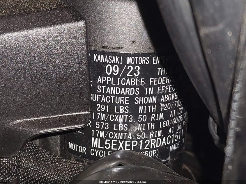 2024 Kawasaki Ex650 P VIN: ML5EXEP12RDAC1511 Lot: 43211716