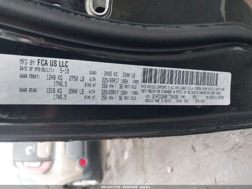 2019 Dodge Journey Se VIN: 3C4PDCBB8KT794299 Lot: 43211720