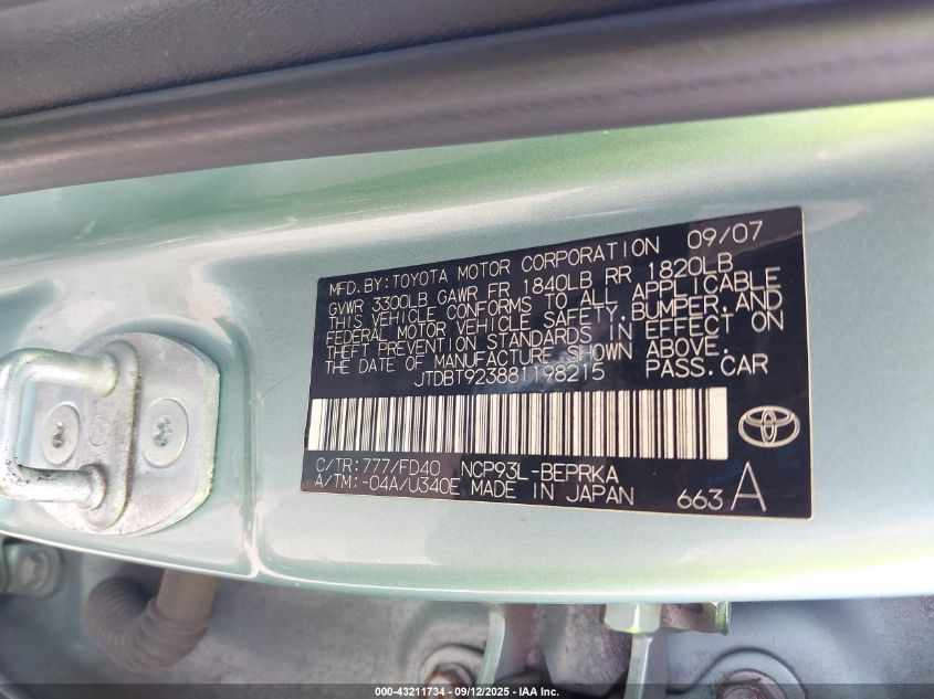 2008 Toyota Yaris VIN: JTDBT923881198215 Lot: 43211734