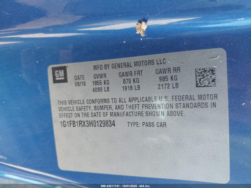 2017 Chevrolet Camaro 1Lt VIN: 1G1FB1RX3H0129834 Lot: 43211741