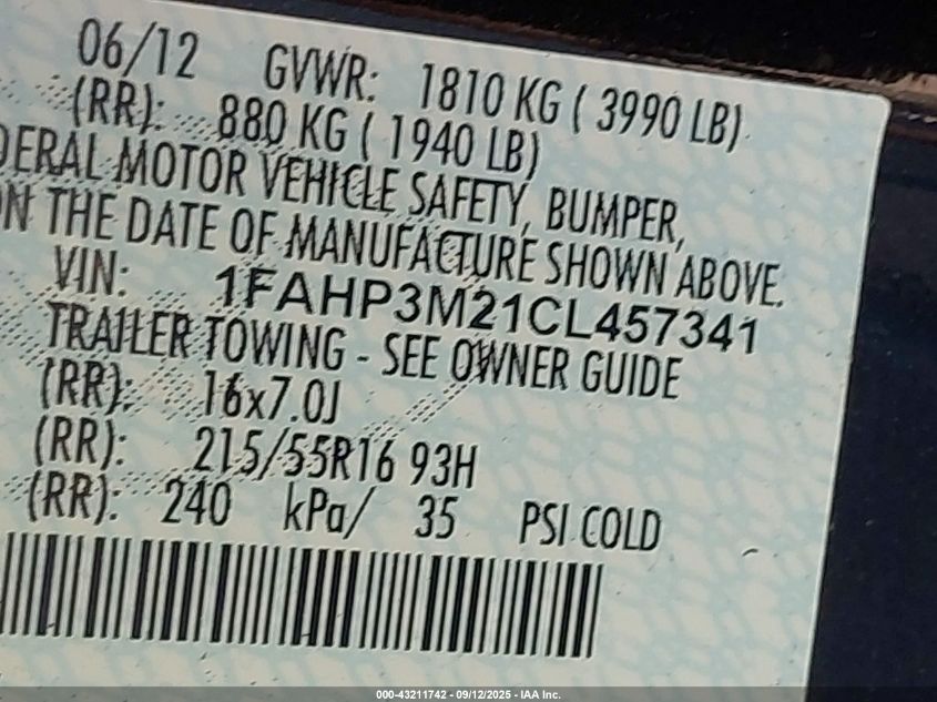 2012 Ford Focus Sel VIN: 1FAHP3M21CL457341 Lot: 43211742