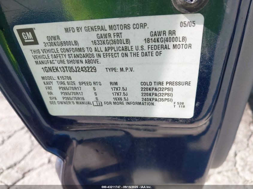 2005 Chevrolet Tahoe Lt VIN: 1GNEK13T05J243229 Lot: 43211747