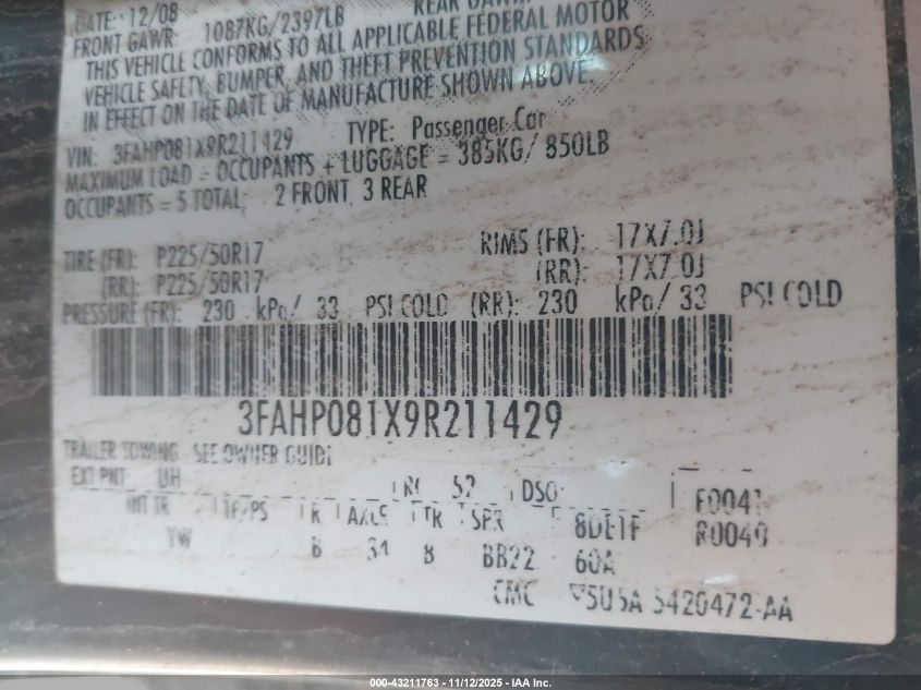 2009 Ford Fusion Sel VIN: 3FAHP081X9R211429 Lot: 43211763