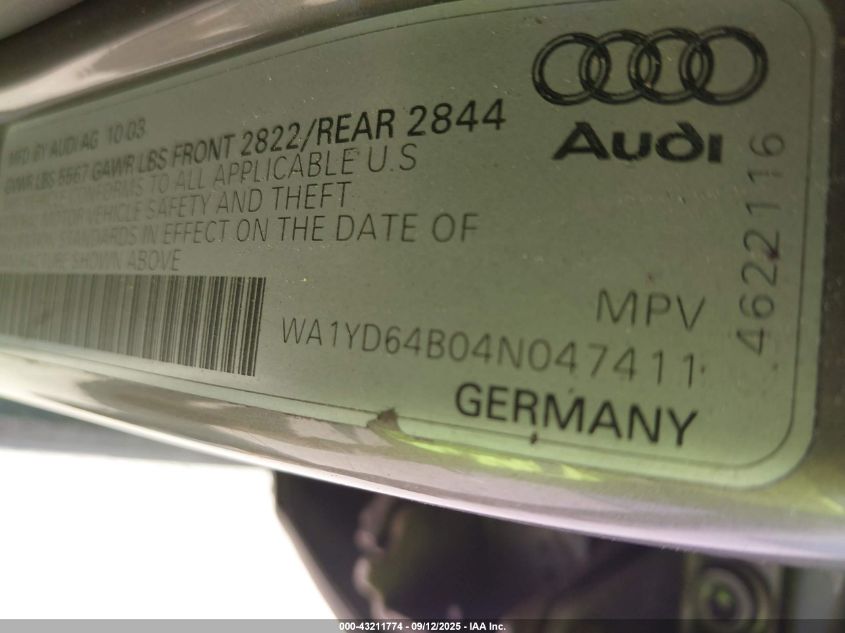 2004 Audi Allroad 2.7T VIN: WA1YD64B04N047411 Lot: 43211774