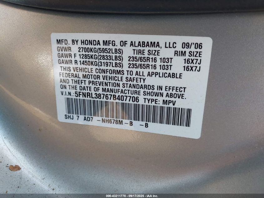 2007 Honda Odyssey Ex-L VIN: 5FNRL38767B407706 Lot: 43211778