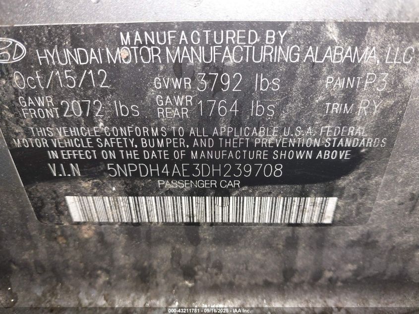 2013 Hyundai Elantra Limited VIN: 5NPDH4AE3DH239708 Lot: 43211781