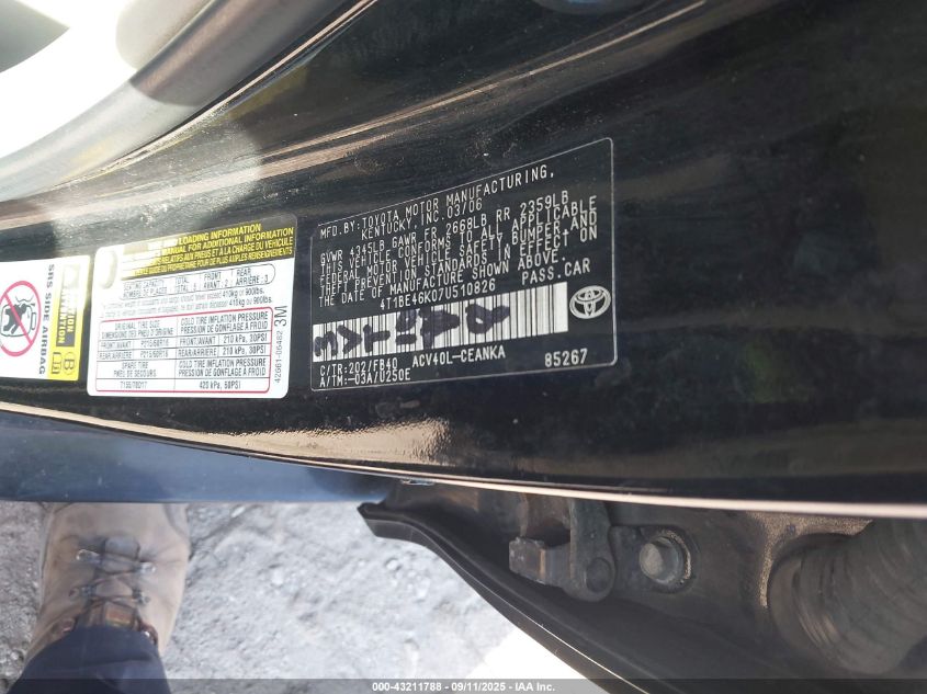 2007 Toyota Camry Le VIN: 4T1BE46K07U510826 Lot: 43211788