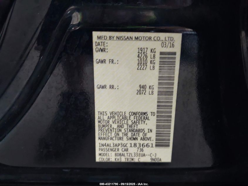 2016 Nissan Altima 2.5 Sl VIN: 1N4AL3AP3GC183661 Lot: 43211790