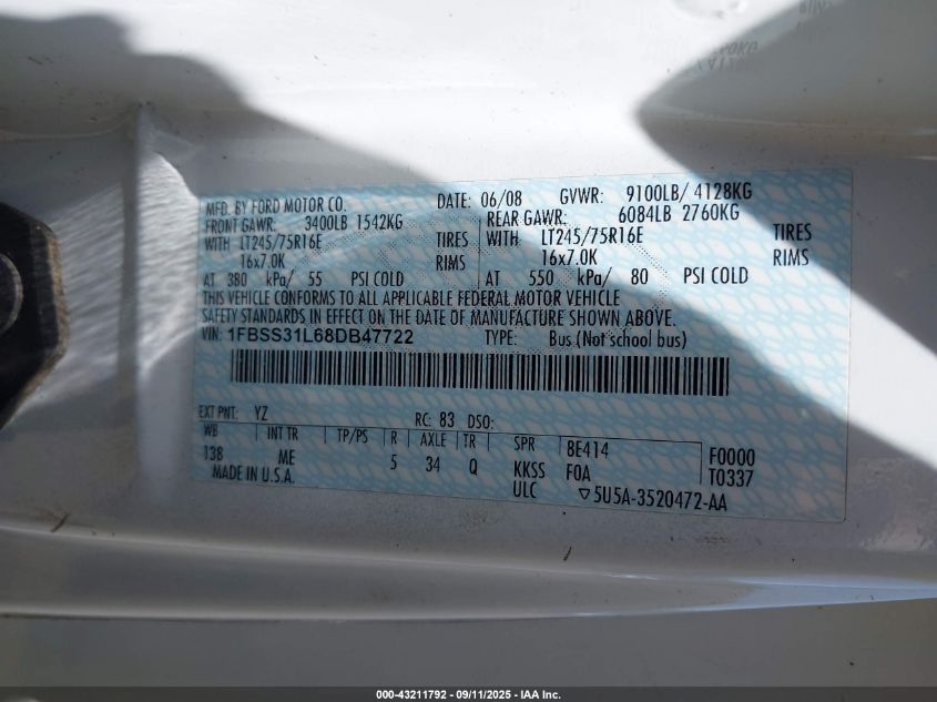 2008 Ford E-350 Super Duty Xl/Xlt VIN: 1FBSS31L68DB47722 Lot: 43211792