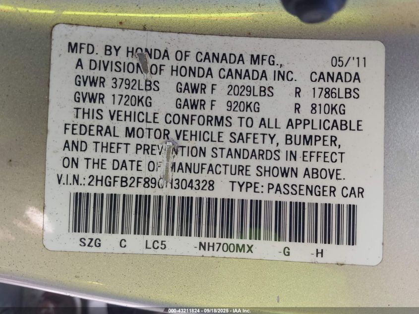 2012 Honda Civic Ex VIN: 2HGFB2F89CH304328 Lot: 43211824