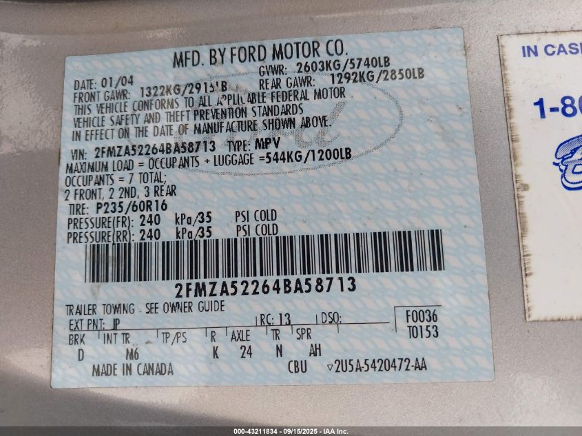 2004 Ford Freestar Sel VIN: 2FMZA52264BA58713 Lot: 43211834