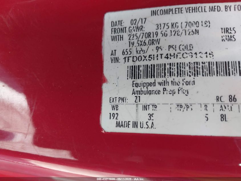 2017 Ford F-550 Chassis Xlt VIN: 1FD0X5HT4HEC91216 Lot: 43211839