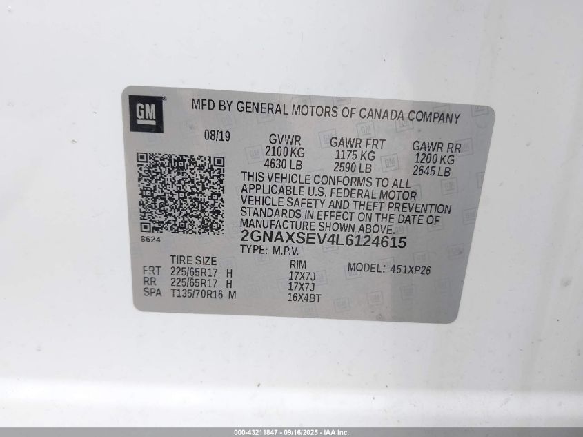 2020 Chevrolet Equinox Awd Ls VIN: 2GNAXSEV4L6124615 Lot: 43211847