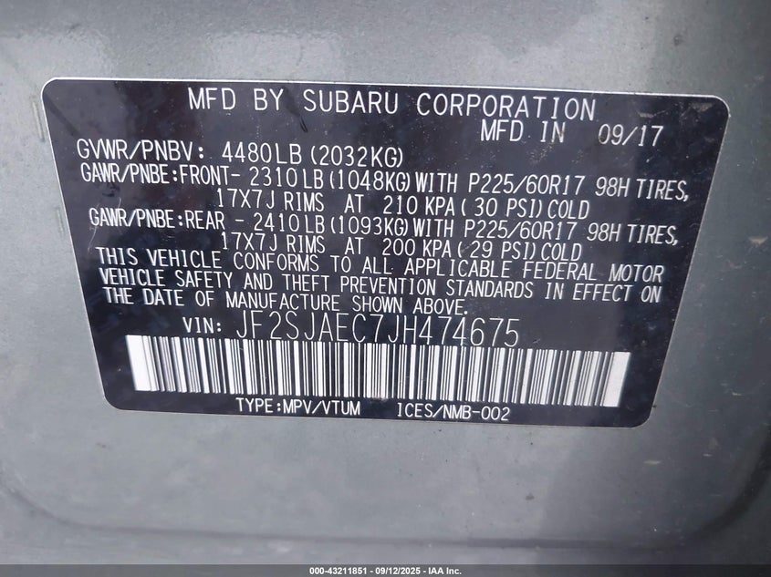 2018 Subaru Forester 2.5I Premium VIN: JF2SJAEC7JH474675 Lot: 43211851