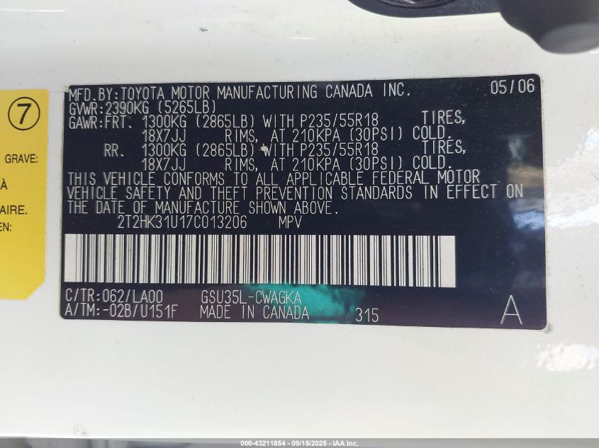 2007 Lexus Rx 350 VIN: 2T2HK31U17C013206 Lot: 43211854