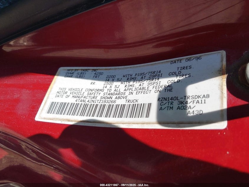 1996 Toyota Tacoma VIN: 4TANL42N1TZ193266 Lot: 43211867