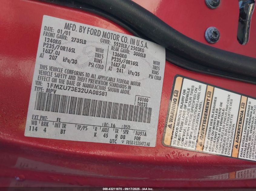 2002 Ford Explorer Xlt VIN: 1FMZU73E32UA08581 Lot: 43211870