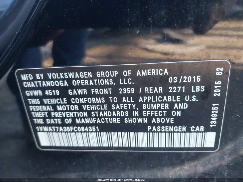 2015 Volkswagen Passat 1.8T Limited Edition VIN: 1VWAT7A35FC084351 Lot: 43211893