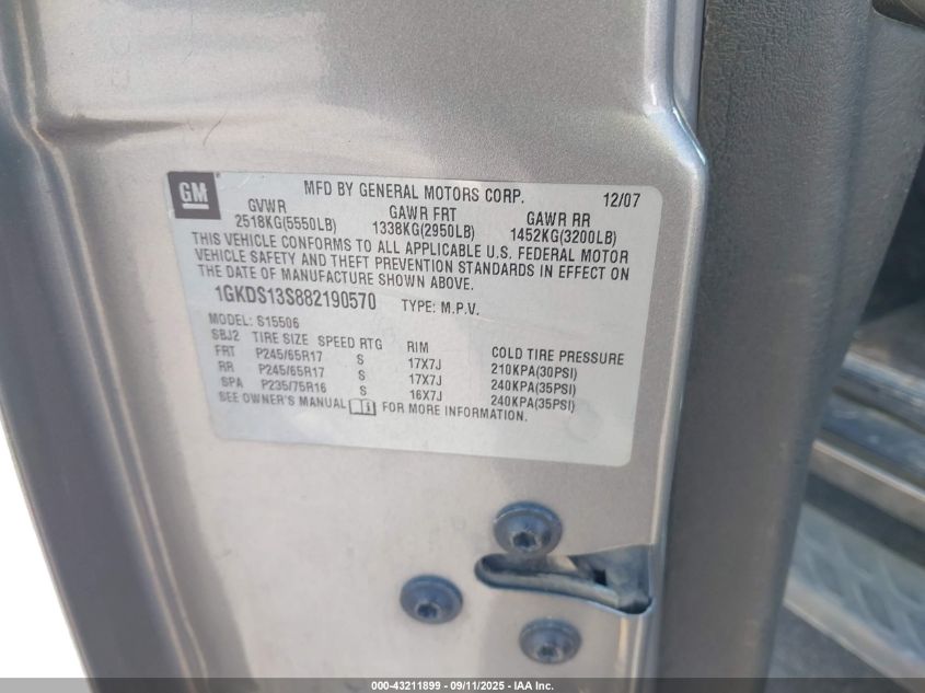 2008 GMC Envoy Sle VIN: 1GKDS13S882190570 Lot: 43211899