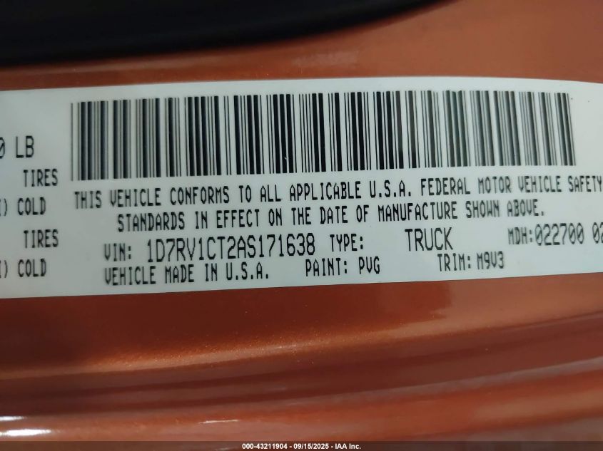 2010 Dodge Ram 1500 Slt/Sport/Trx VIN: 1D7RV1CT2AS171638 Lot: 43211904