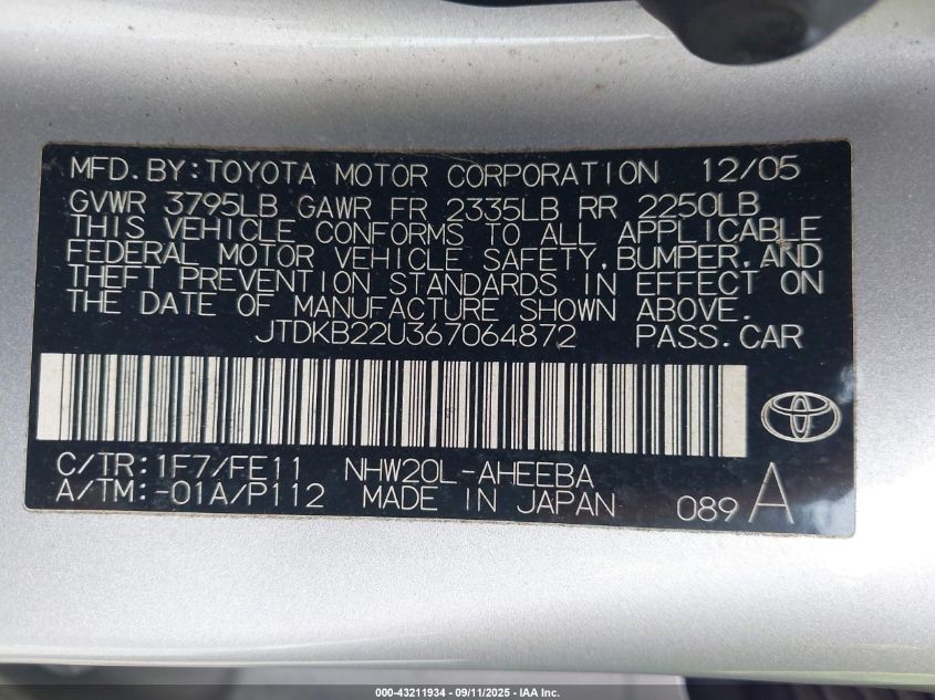 2006 Toyota Prius VIN: JTDKB22U367064872 Lot: 43211934